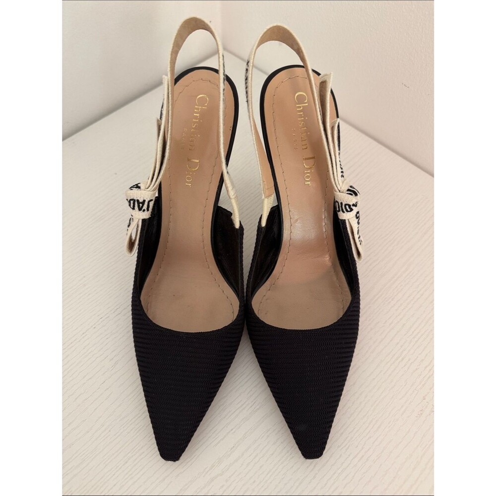 Dior J'Adior Black Technical Fabric Logo Bow Slingback Heels Size 38 US 8 Shoes